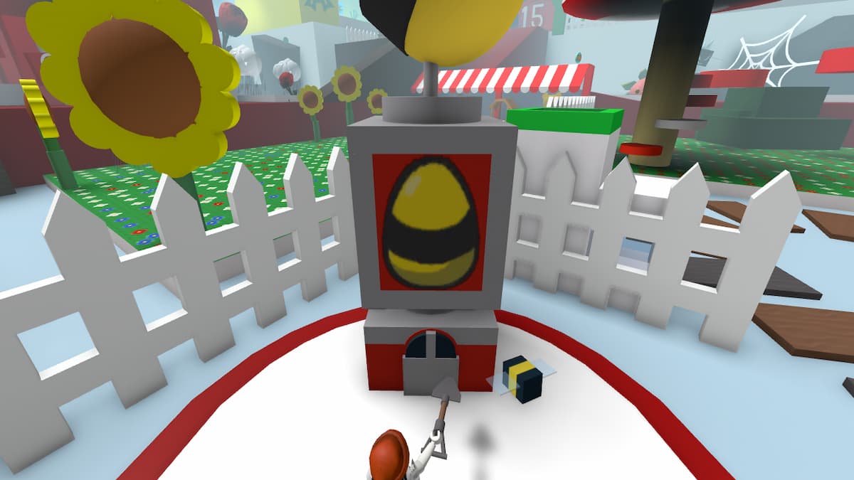 A Roblox player in front of the Basic Egg Shop.
