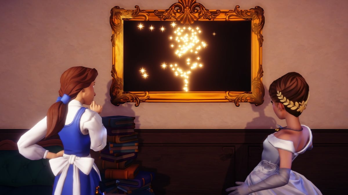 Belle and the player looking at a sparkling picture frame in Disney Dreamlight Valley.