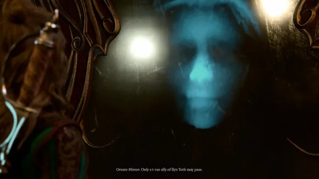 A disembodied, ghostly blue face is reflected in a pitch black magic mirror. The subtitles read "Ornate Mirror: Only a t-rue ally of Ilyn Toth may pass." Image from a conversation with the Ornate Mirror in Baldur's Gate 3