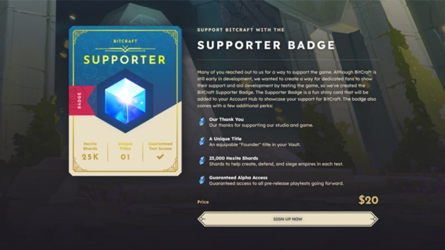 La carte de badge de support avec des avantages pour BitCraft