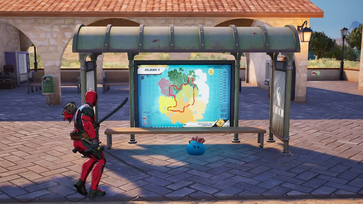 A blue toy at a bus stop in Fortnite. 