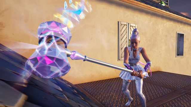 Breaking objects at a Wasteland location in Fortnite.