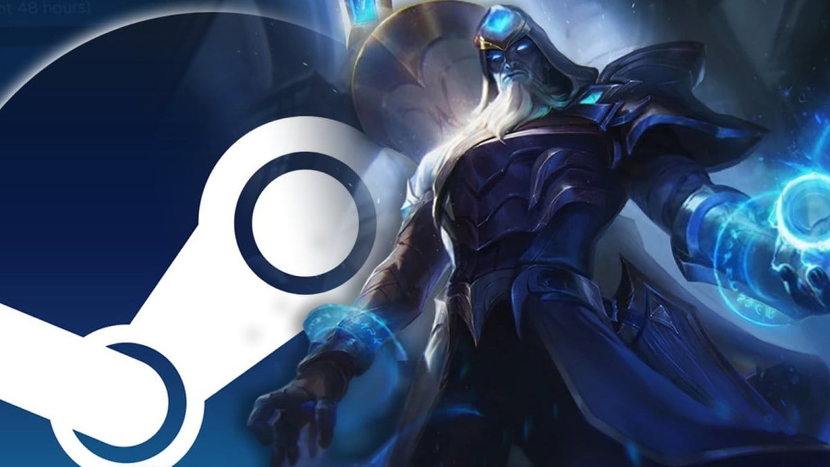 Worlds Ryze from League of LEgends casts a blue electric spell in front of a huge Steam logo