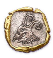 A coin from Flintlock with a weathered edge and a ram-like symbol in the middle.