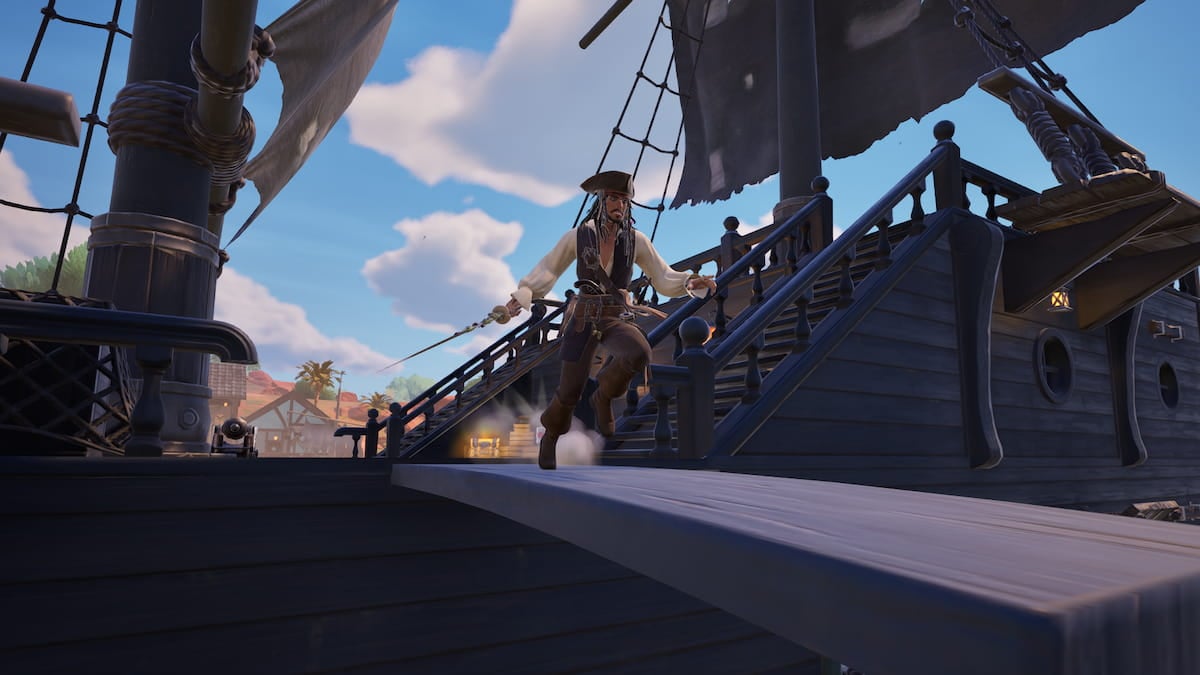 Captain Jack Sparrow walking the plank in Fortnite.