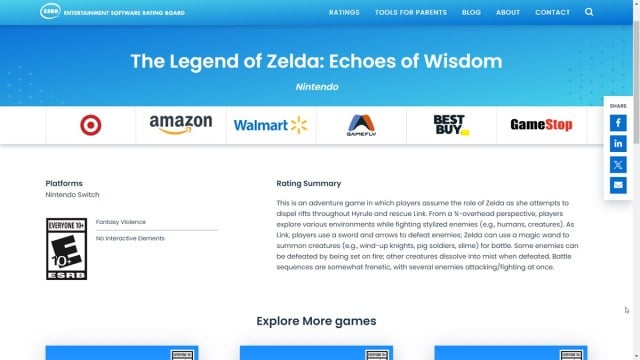 Echoes of Wisdom official ESRB ratings page