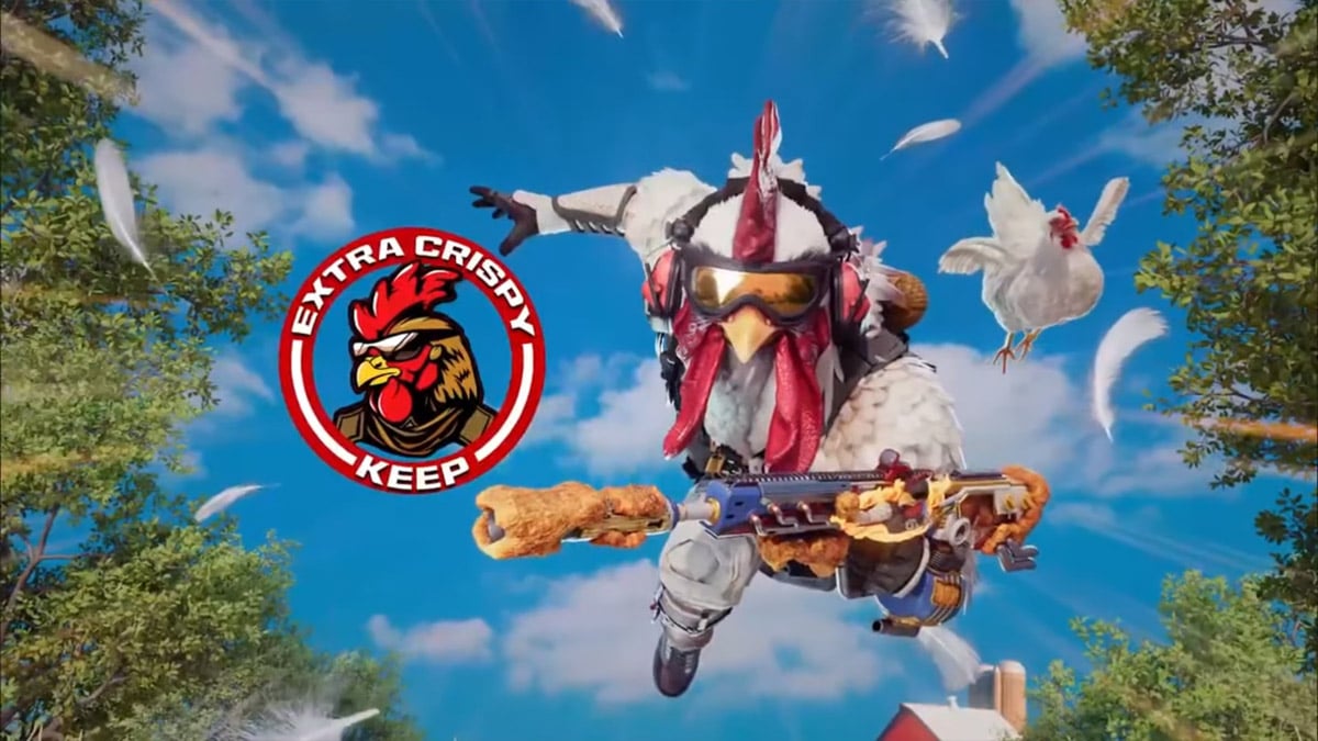 The Extra Crispy chicken suit outfit from Warzone Mobile with a player reaching toward a weapon covered in chicken.