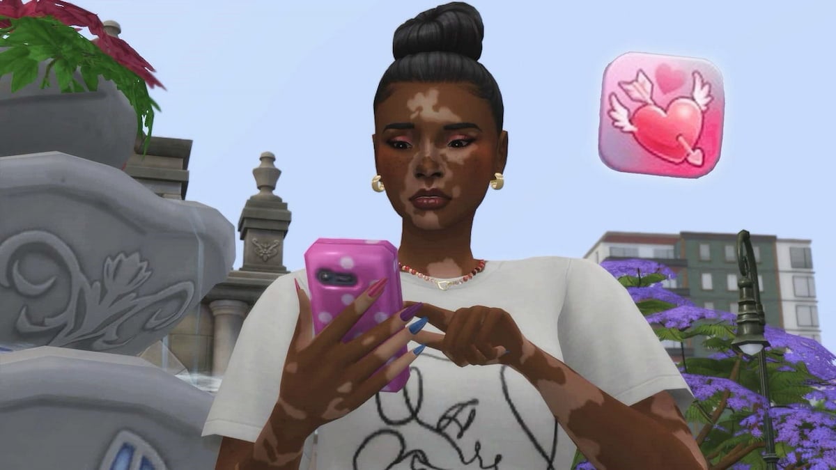A Sim using their phone with the Cupid's Corner dating app icon by them in The Sims 4 Lovestruck.
