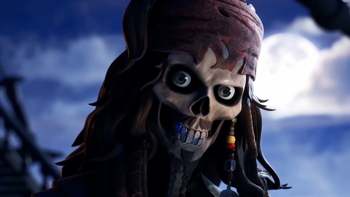 Cursed Jack Sparrow grinning under moonlight in Fortnite.