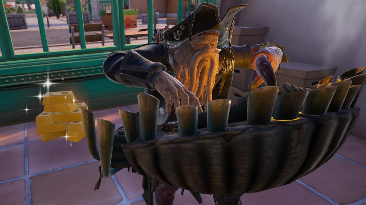 Davy Jones playing the pipe organ by some gold in Fortnite.