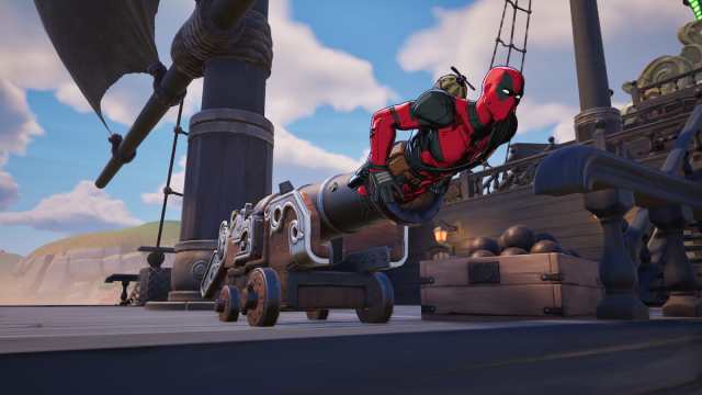 Deadpool about to fly out of a Cannon in Fortnite.