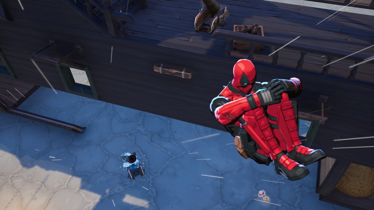 Deadpool being shot out of a Cannon in Fortnite.