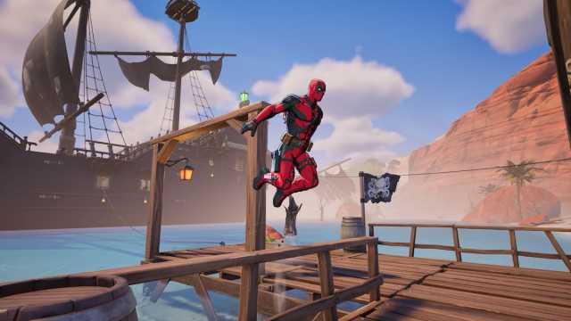 Deadpool hurdling at Shipwreck Shallows in Fortnite.