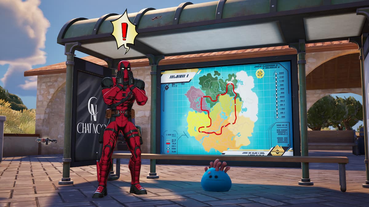 Deadpool standing by a false piece of eight in Fortnite.