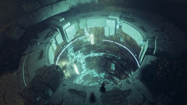 Guardians stare into a hole in the ground on Nessus in Destiny 2.