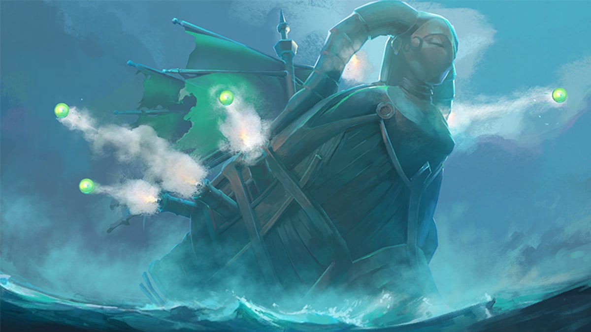 A boat sailing the high seas made of green and blue ethereal energy in Dota 2.