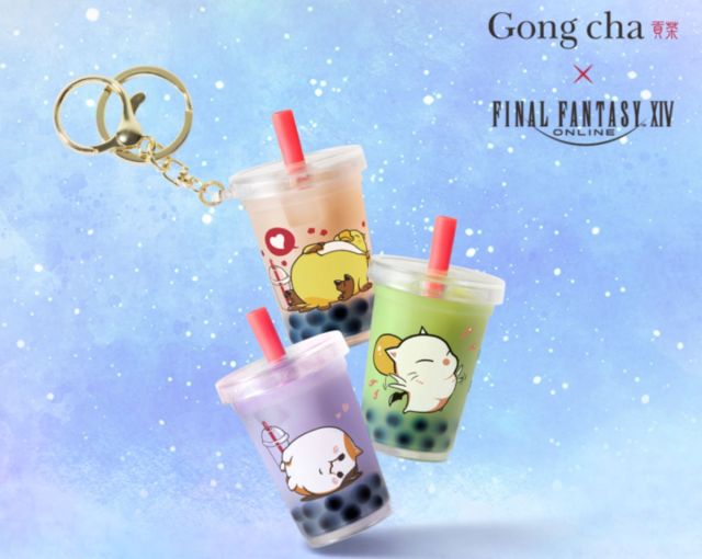 Final Fantasy XIV Dawntrail and Gong Cha collaboration bubble tea keychains