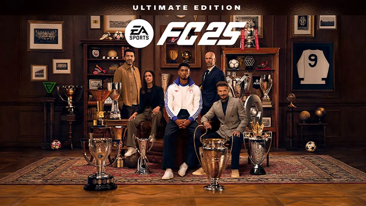 EA FC 25 Ultimate Edition cover with Bellingham, Buffon, Beckham, Zidane, and Bonmati