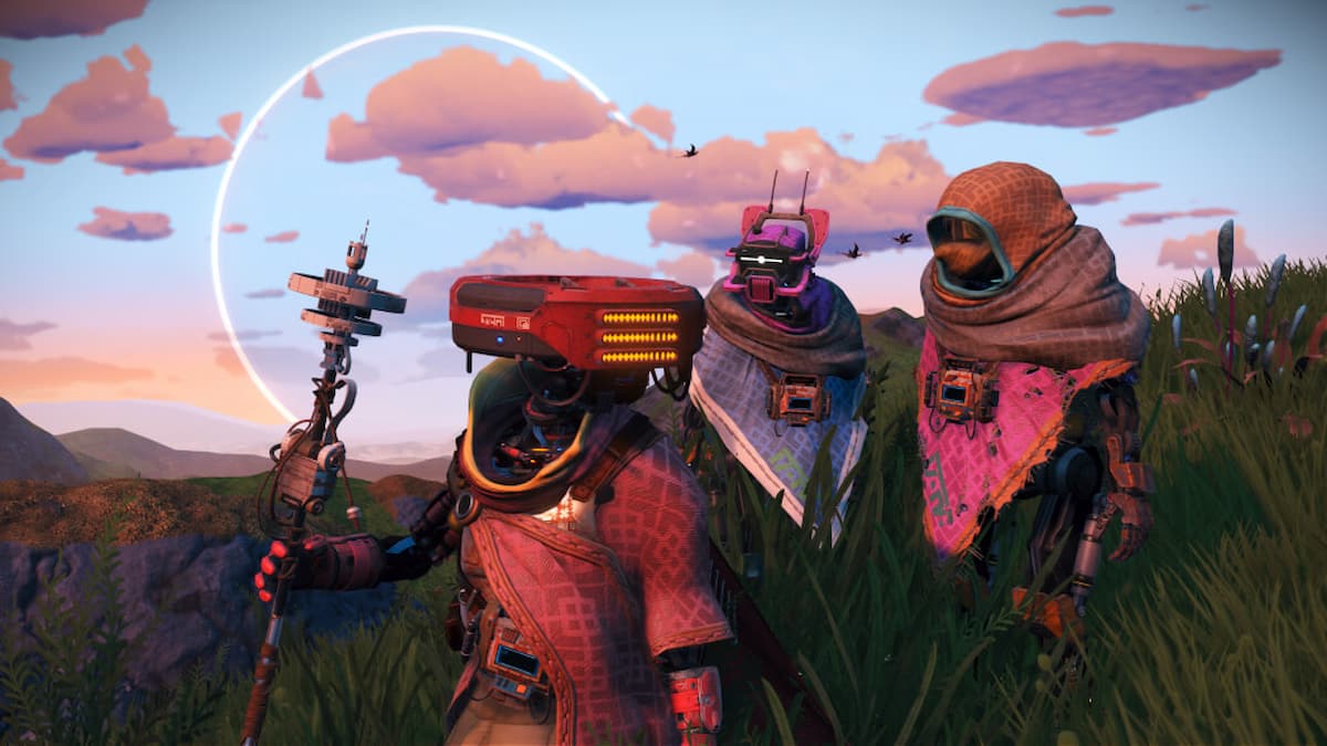 Several characters looking like robots in No Man's Sky Echoes.