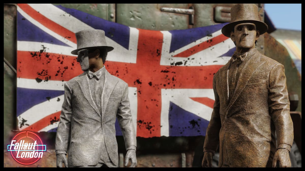 Fallout London screenshot featuring two mask-wearing gentlemen in front of a British flag