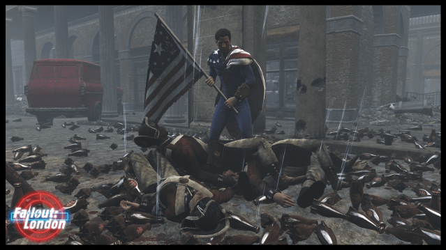 Fallout London character with a UK flag in hands over corpses and bottles in a run down city block
