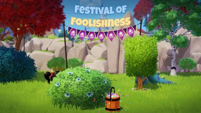 Vanellope and Sulley hiding in some bushes for the Festival of Foolishness 2024 event in Disney Dreamlight Valley.