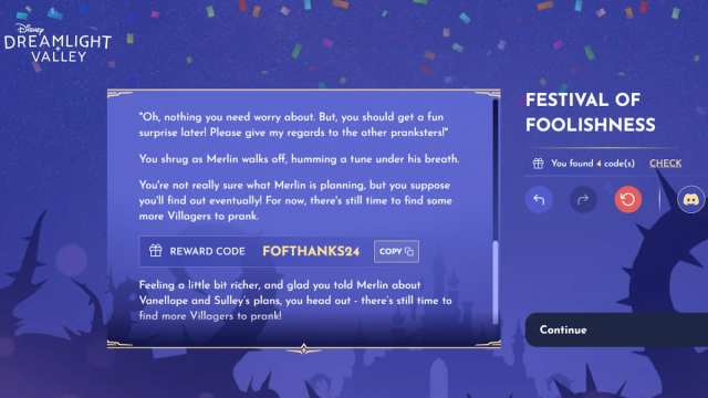 Some text and a code in the Festival of Foolishness Disney Dreamlight Valley event.