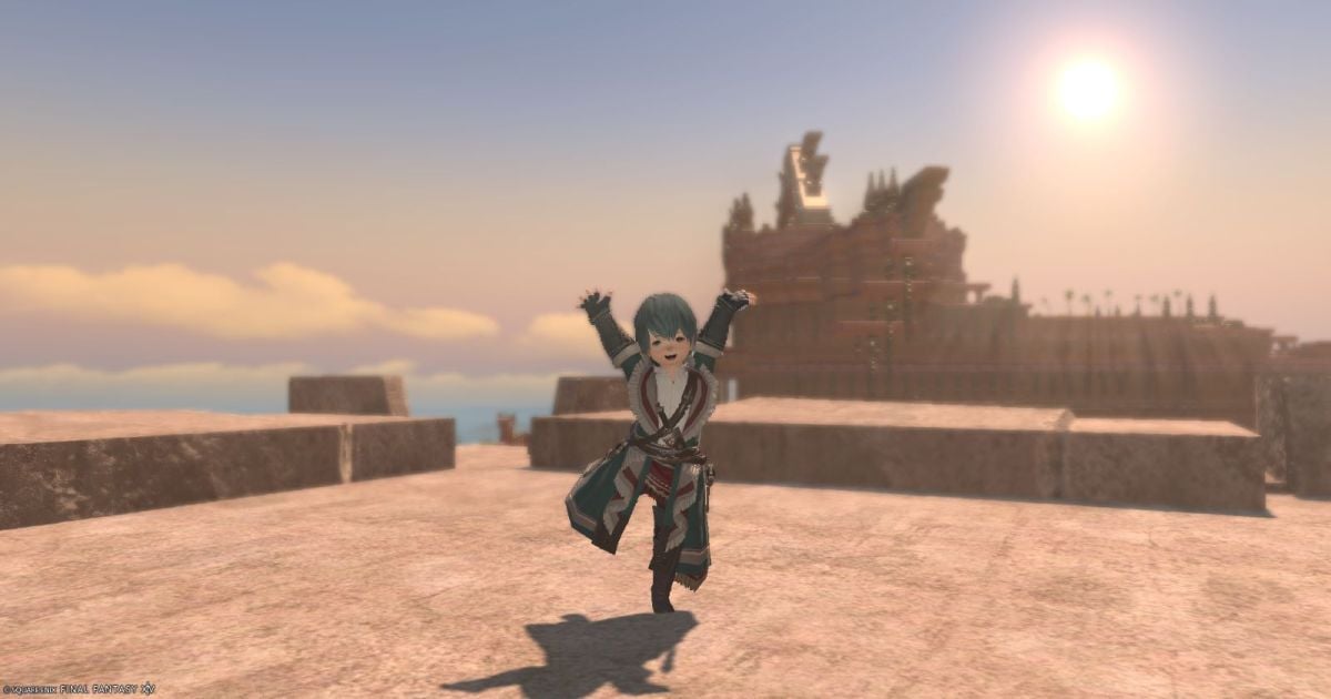 Lalafell player at the top of the Tuliyollal Hunu'iliy Tower jumping puzzle in Final Fantasy XIV Dawntrail