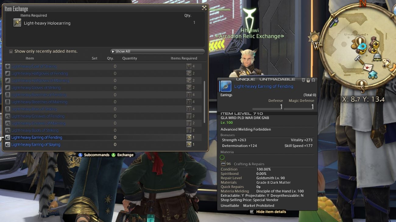 FFXIV player looking at Light-heavy raid gear exchange from Arcadion raids in Dawntrail