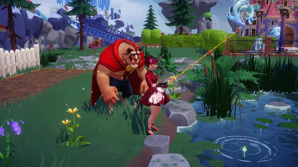 Fishing in the Forest of Valor with the Beast in Disney Dreamlight Valley.
