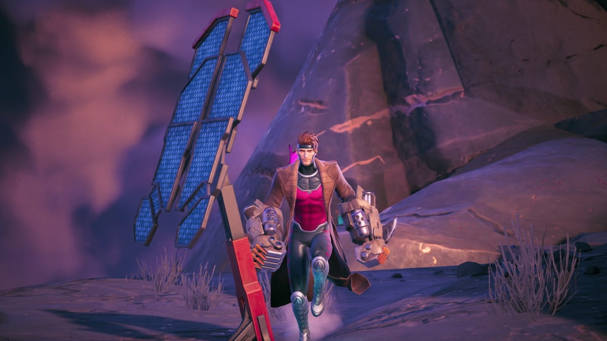 Gambit standing by a Rift Beacon in Fortnite.