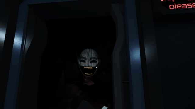 A creepy smiling mask coming out of the dark.