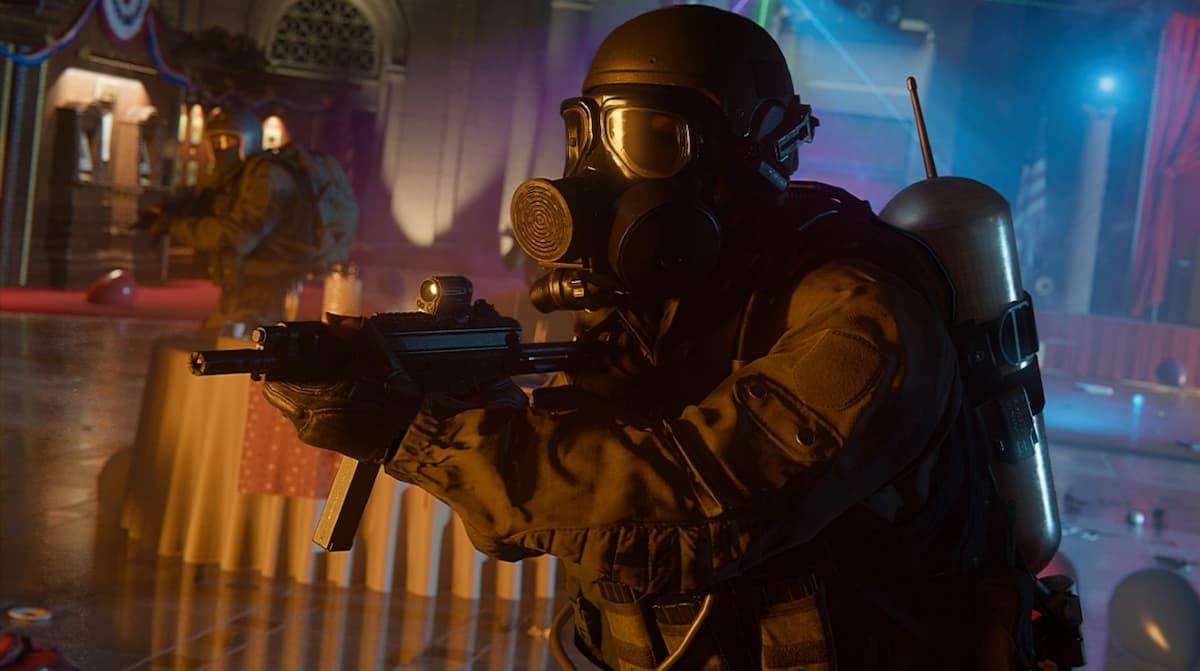 Black Ops 6 operator with a gas mask and SMG
