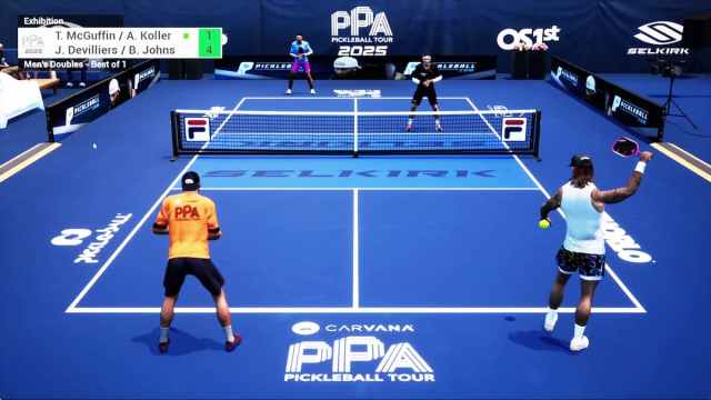 A screenshot from PPA Pickleball showing a blue court with four players on it.