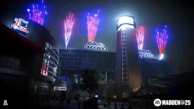 Gillette Stadium in Madden NFL 25, with fireworks going off above it.