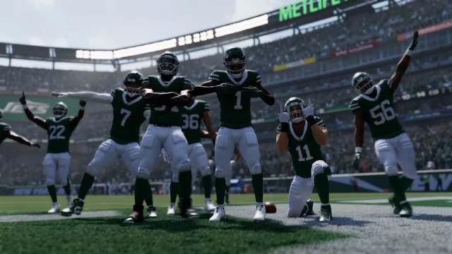 NY Jets celebrating a rare positive on-field moment in Madden 25