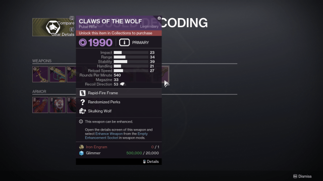 The Focused Decoding screen at Lord Saladin for Iron Banner weapons.