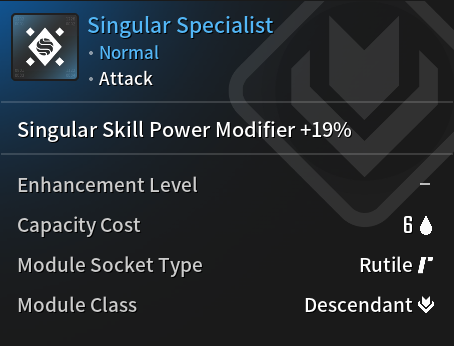 A screenshot of the Singular Specialist module in The First Descendant.