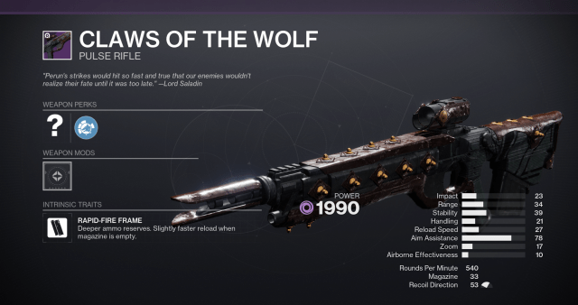 Claws of the Wolf, a pulse rifle in Destiny 2, with stats shown.