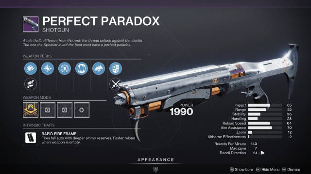 Perfect Paradox, a shotgun from Destiny 2, with stats displayed.