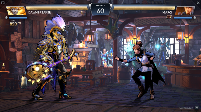 Two heroes battle in a pub in Sleet Fighter, a Dota 2 minigame.