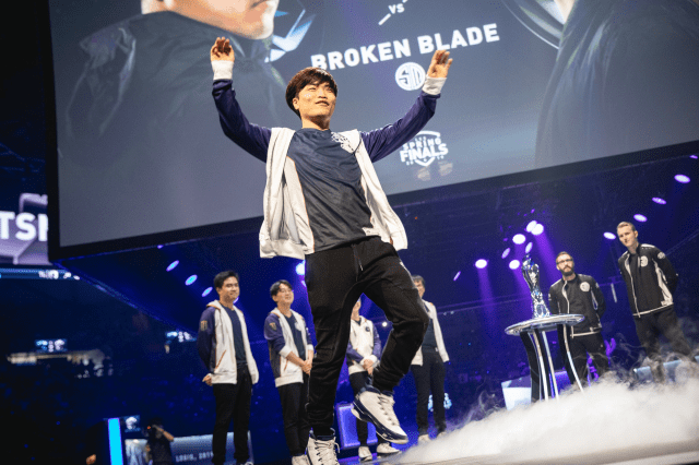 League of Legends player Impact cheers after an LCS win.