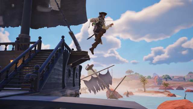 Captain Jack Sparrow being launched by the plank in Fortnite.