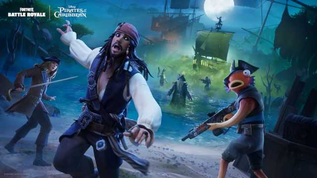 The key art for the Pirates of the Carribean Fortnite event featuring Jack Sparrow running on a beach with Elizabthe Swan, Davy Jones, and Captain Barbossa in the background among other Fortnite characters.