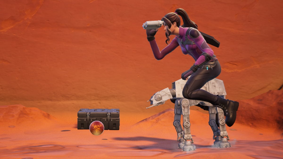Kate Bishop riding an AT-AT by Megalo Don's stash in Fortnite.