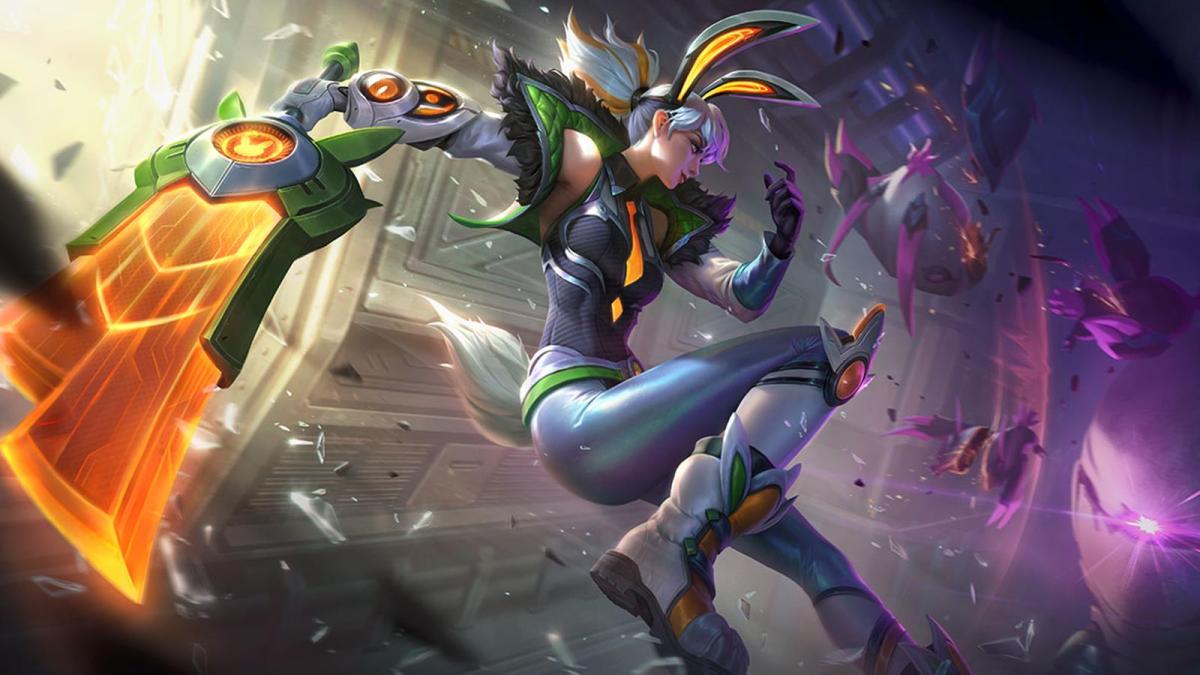 Battle Bunny Prime Riven attacks an enemy with her huge energy sword in League of Legends.