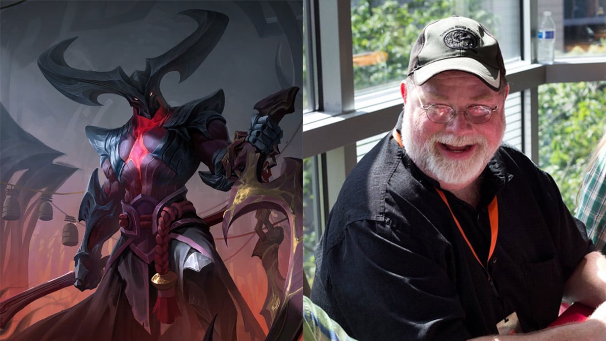 Rhaast (left) from League of Legends, and his voice actor Sam Mowry (right).