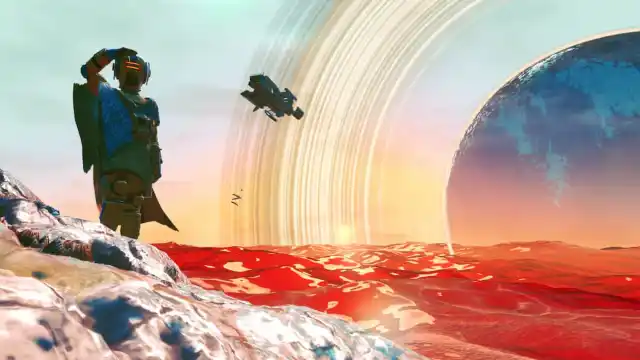 A character standing above a strange body of water in No Mans Sky update 5.0.