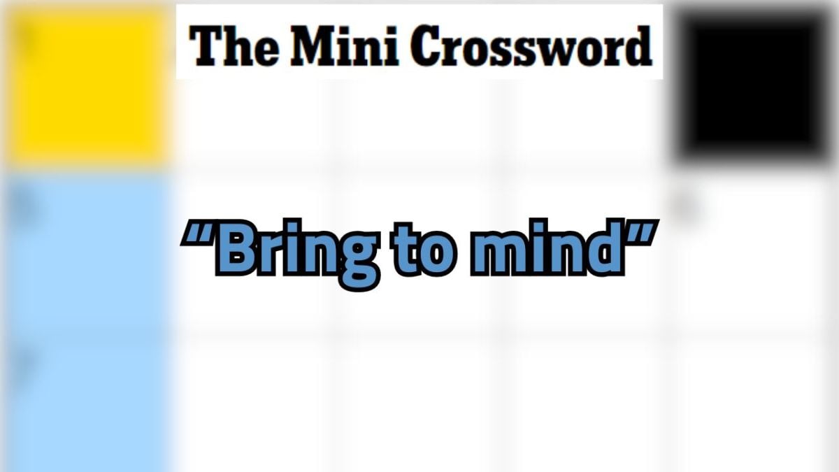 An empty NYT Mini Crossword board, blurred, with 'The Mini Crossword' written at the top and 'Bring to mind.'