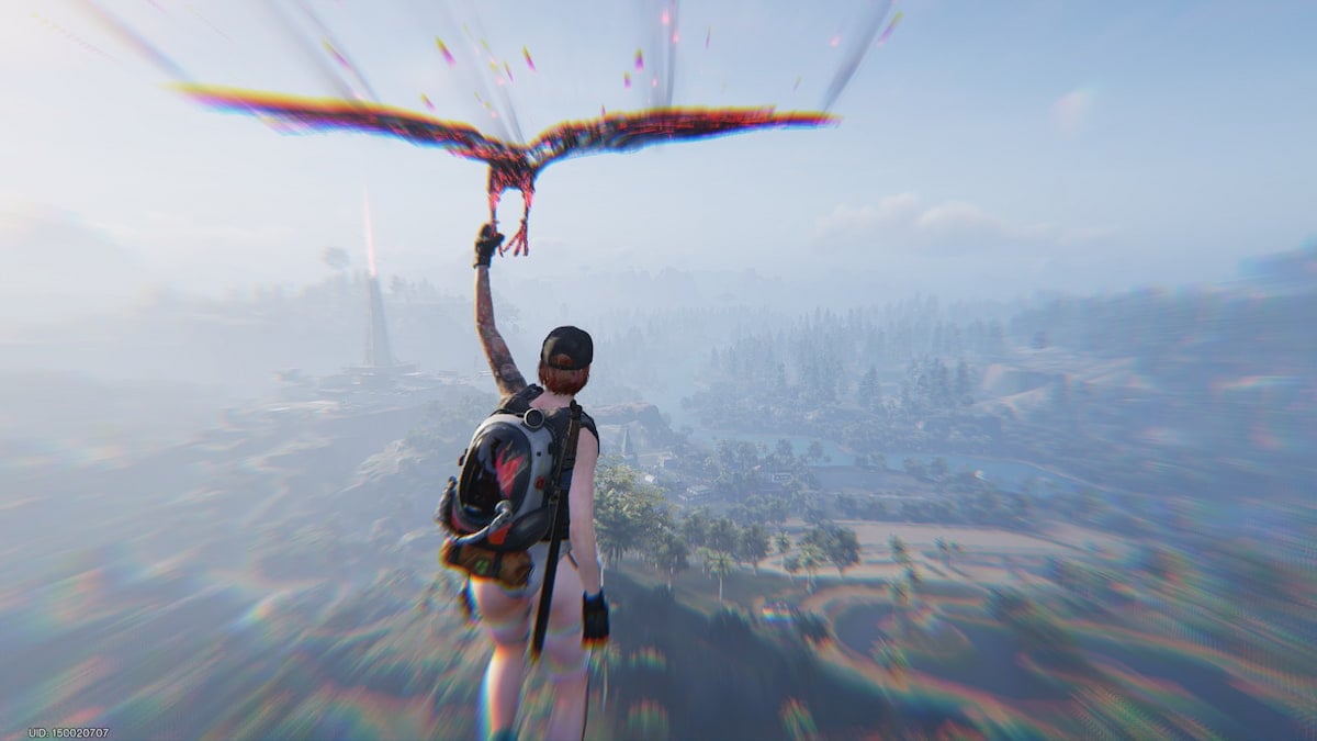 Once Human character flying with a bird at the start of the game